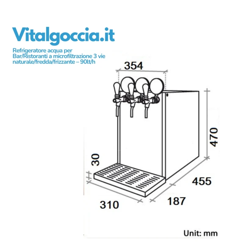 misure refrigeratore acqua per BarRistoranti a microfiltrazione 3 vie naturalefreddafrizzante – 90lth