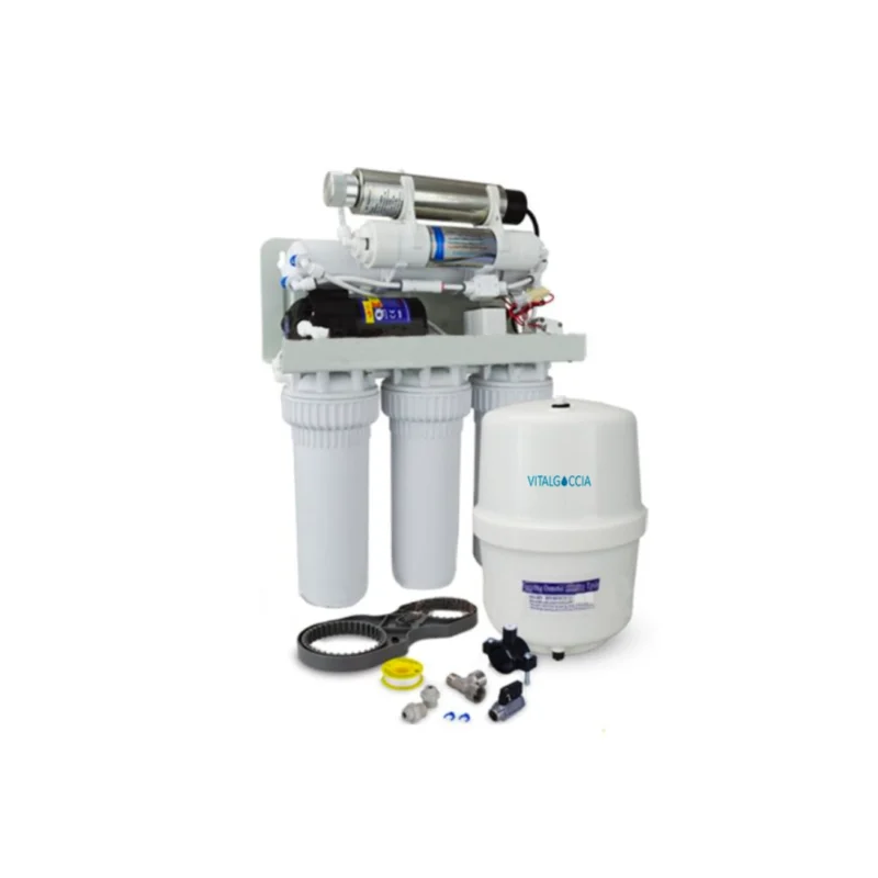 Depuratore acqua domestico a osmosi inversa con accumulo, lampada UV, pompa booster e rubinetto 1 via incluso